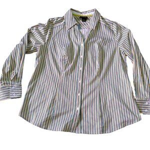 Striped Shirt Size 18 Green Yellow White Long Sleeve Womens Button-Up Collared